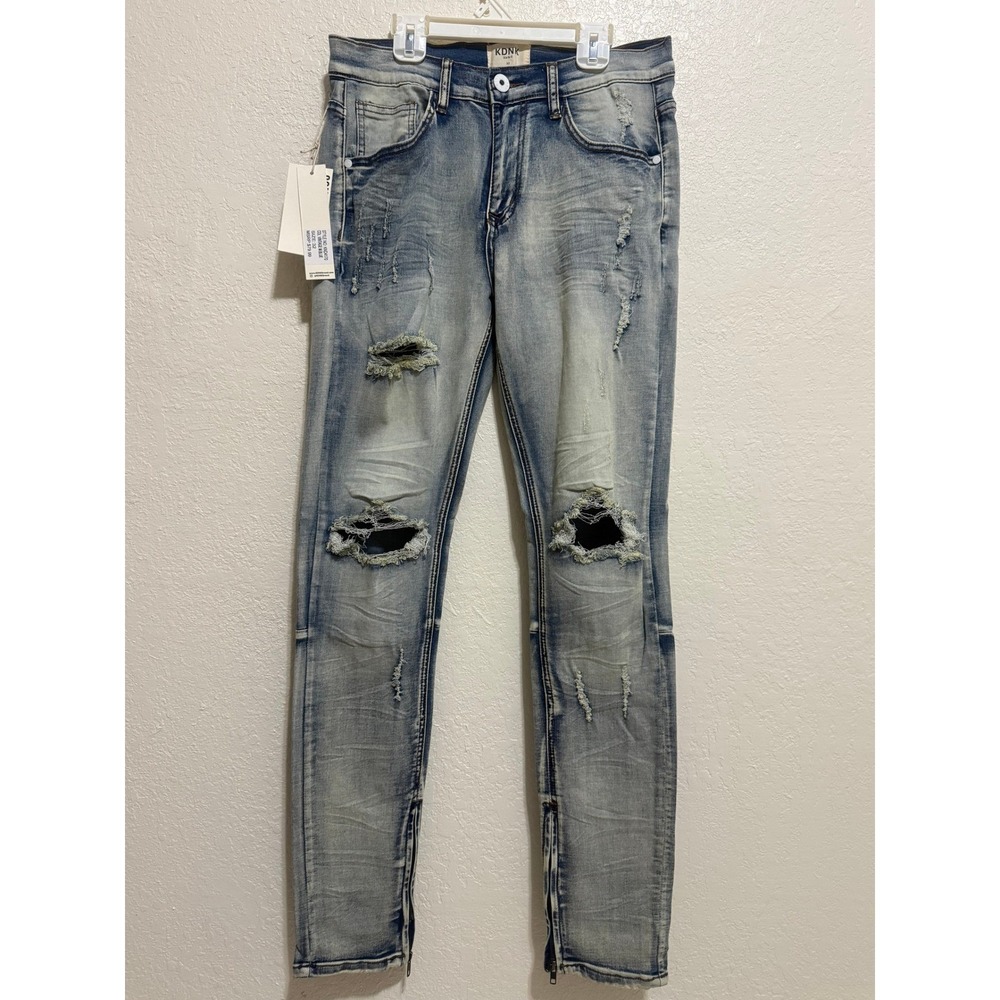 KDNK Mens 32 Distressed Skinny Jeans Light Wash Blue Ankle Zip KND4170 NEW